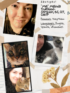 This is a collage of photos of Mel and their animal-kin. Mel is a mixed heritage, Indigenous person in pale skin with long black hair with black facial hair. They have traditional facial markings on their chin and eyes in blue/black ink.